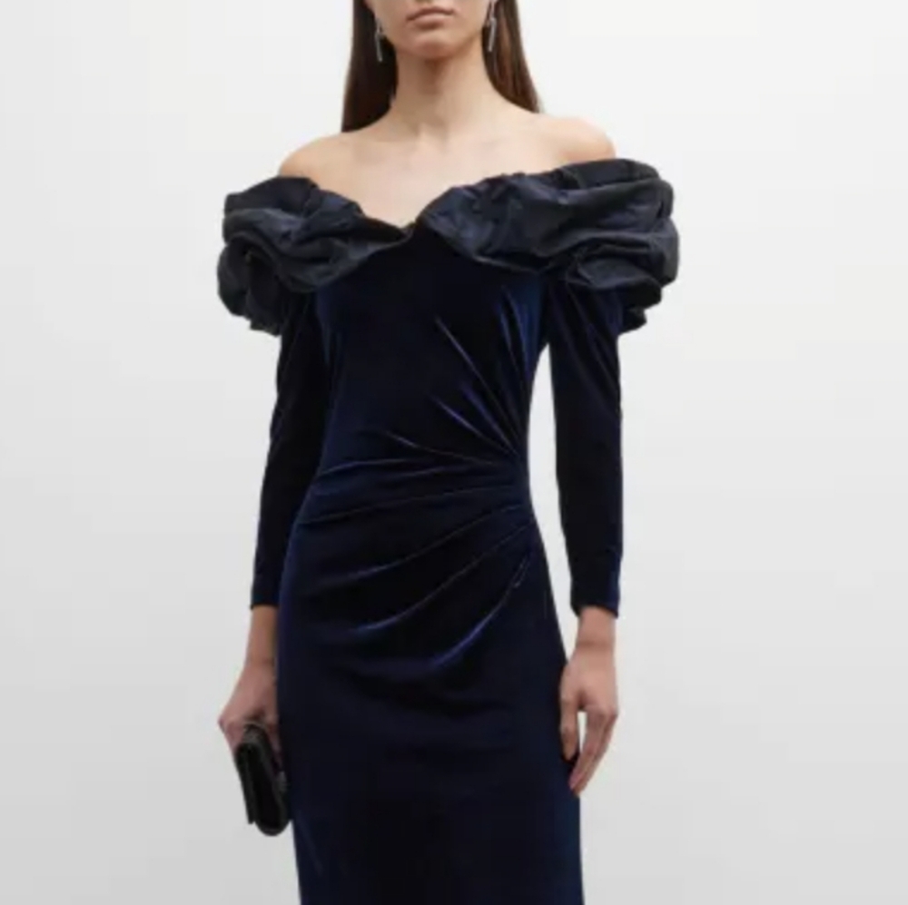 Teri Jon Blue Velvet Off The Shoulder Midi Dress Size 10